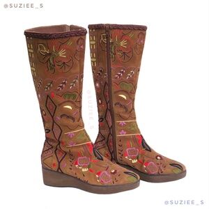Beverly Feldman Brown Floral Embroidered Beaded Knee High Suede Boots 8
